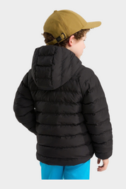 Bambino indossa giacca reversibile imbottita nera con cappuccio di Follower SRL, vista posteriore