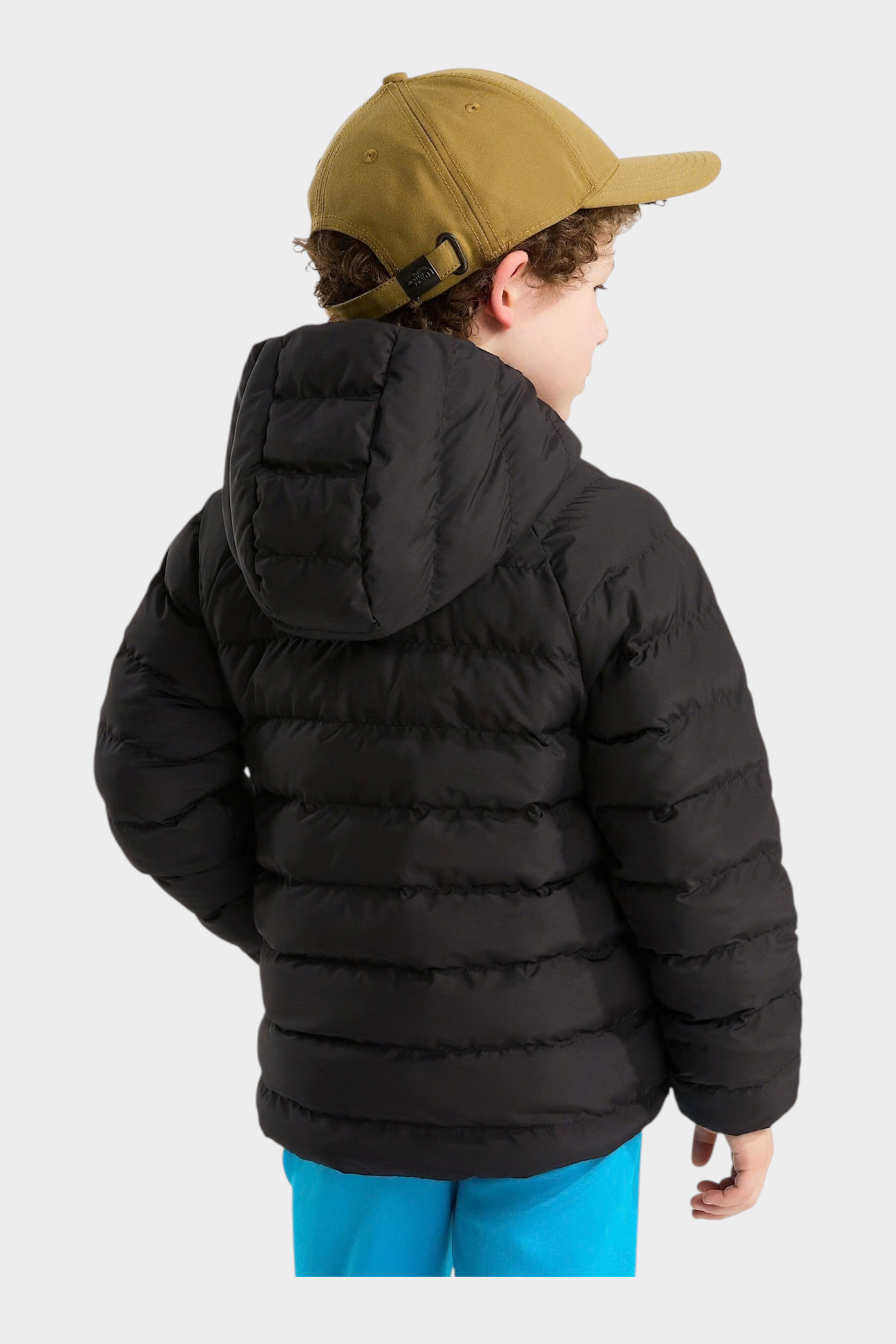 Bambino indossa giacca reversibile imbottita nera con cappuccio di Follower SRL, vista posteriore