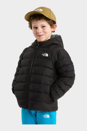 Bambino che indossa una giacca reversibile imbottita nera con cappuccio Follower SRL The North Face