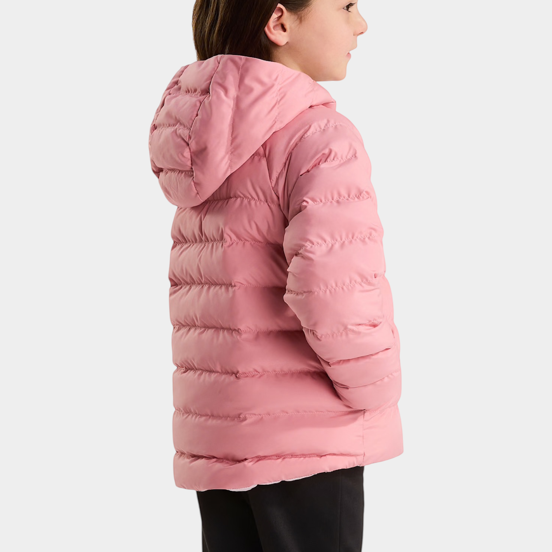 Bambina indossa giacca reversibile rosa The North Face Perrito con cappuccio, vista laterale, Follower SRL