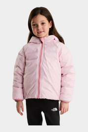 Bambina che indossa la giacca reversibile rosa Perrito di Follower SRL con cappuccio e chiusura a zip
