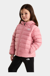 Bambina indossa giacca reversibile rosa Follower SRL The North Face con cappuccio e imbottitura trapuntata