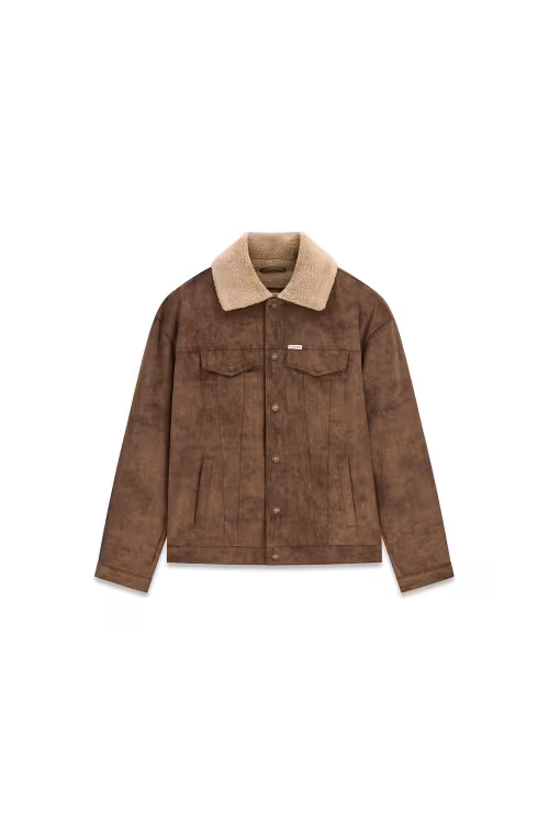 Giacca da uomo Follower SRL in similpelle marrone con colletto in pelliccia sintetica e chiusura a bottoni