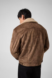 Giacca Follower SRL in similpelle marrone effetto scamosciato con colletto in pelliccia sintetica vista posteriore
