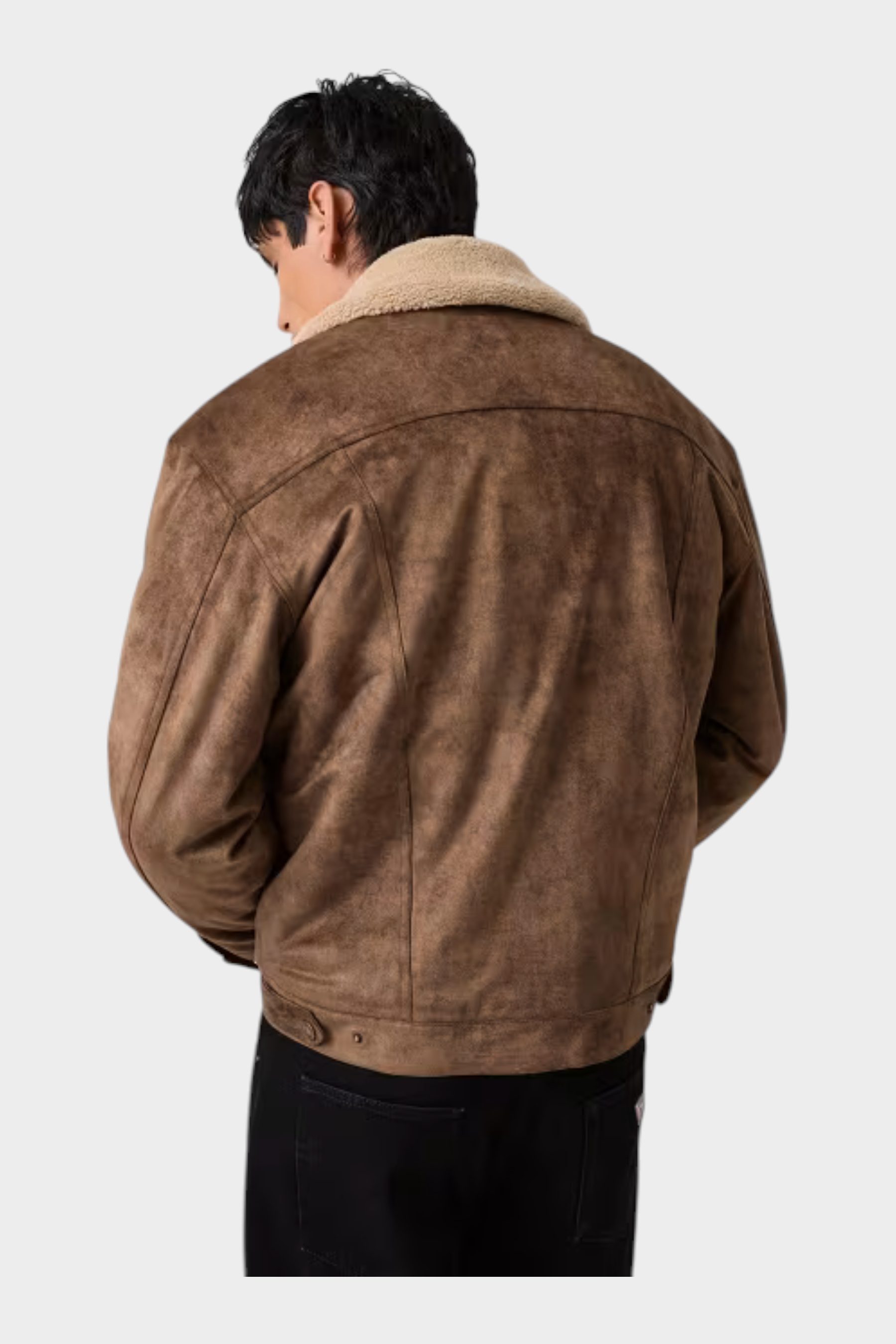 Giacca Follower SRL in similpelle marrone effetto scamosciato con colletto in pelliccia sintetica vista posteriore