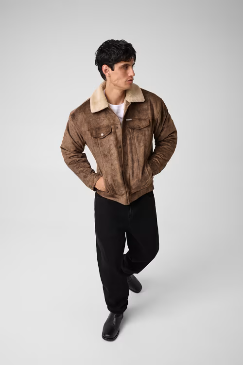 Giacca Follower SRL in similpelle marrone da uomo con colletto in pelliccia sintetica e chiusura a bottoni