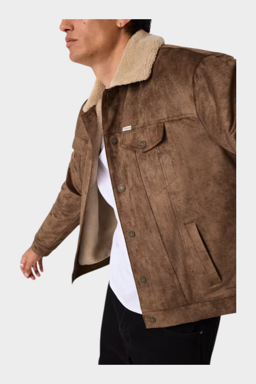 Giacca Follower SRL in similpelle marrone da uomo con colletto in pelliccia sintetica e chiusura a bottoni