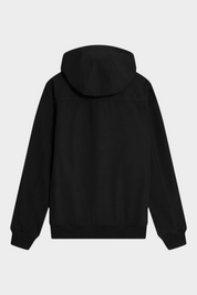 Vista posteriore della giacca softshell nera con cappuccio Follower SRL, realizzata in materiale tecnico resistente.