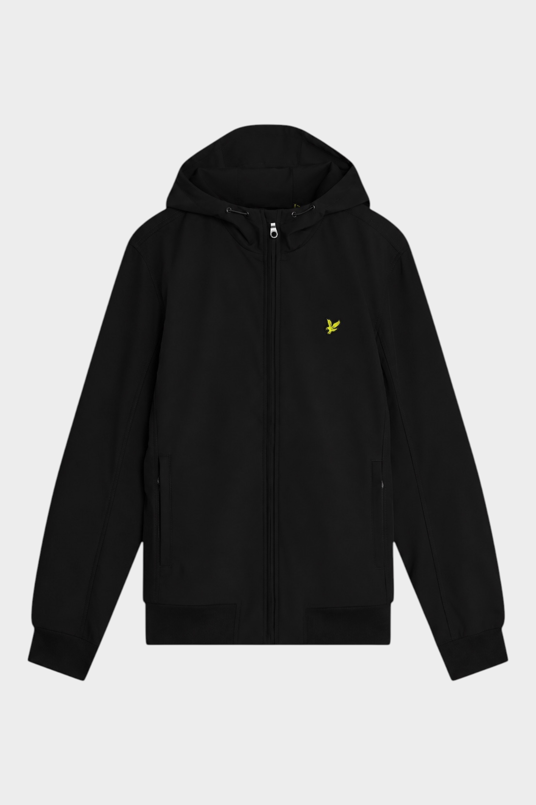 Giacca softshell nera da uomo Follower SRL con cappuccio, chiusura zip e logo giallo sul petto