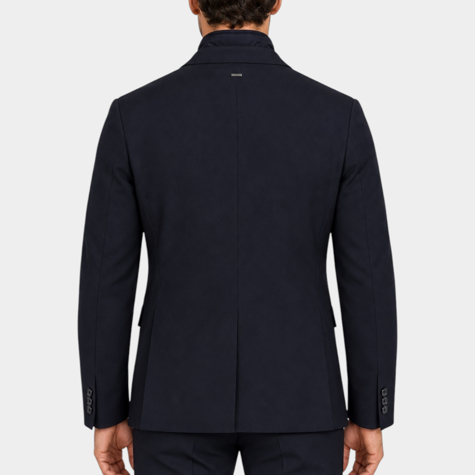 Vista posteriore di una giacca da uomo blu con zip firmata Follower SRL, taglio sartoriale ed elegante.