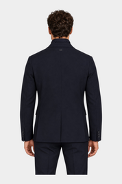 Vista posteriore di una giacca da uomo blu con zip firmata Follower SRL, taglio sartoriale ed elegante.