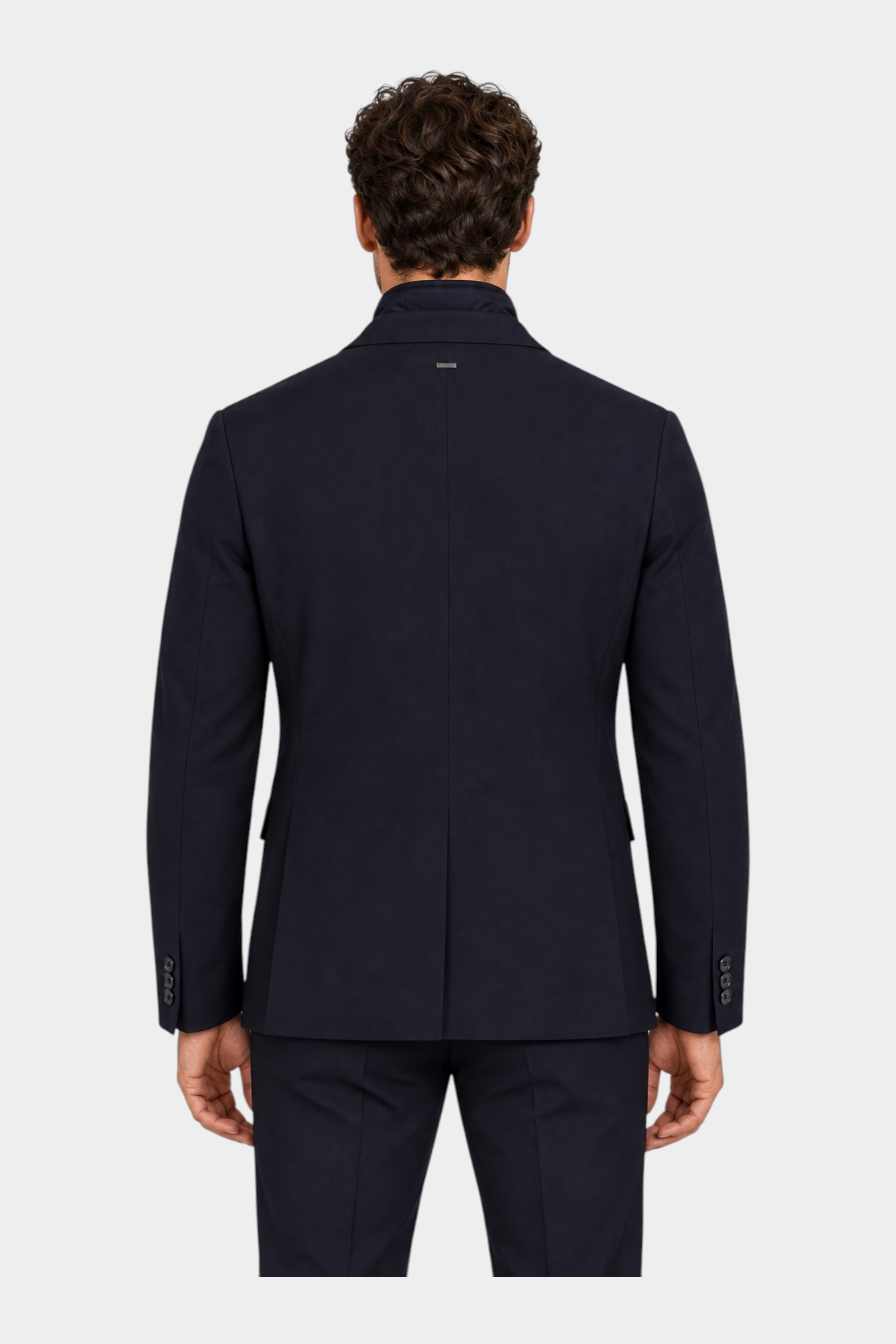 Vista posteriore di una giacca da uomo blu con zip firmata Follower SRL, taglio sartoriale ed elegante.