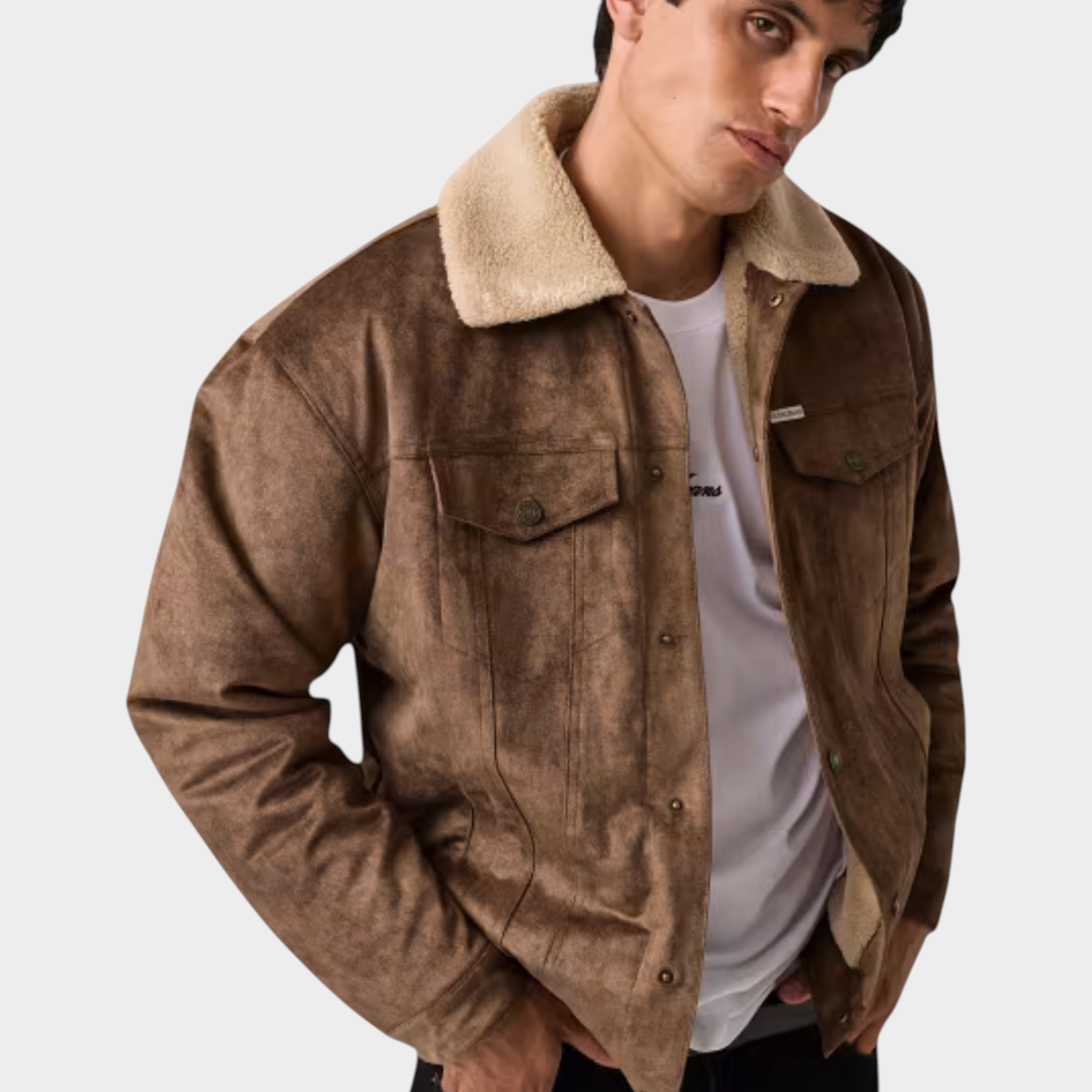 Giacca GUESS da uomo in similpelle scamosciata marrone con colletto in pelliccia sintetica chiara, Follower SRL