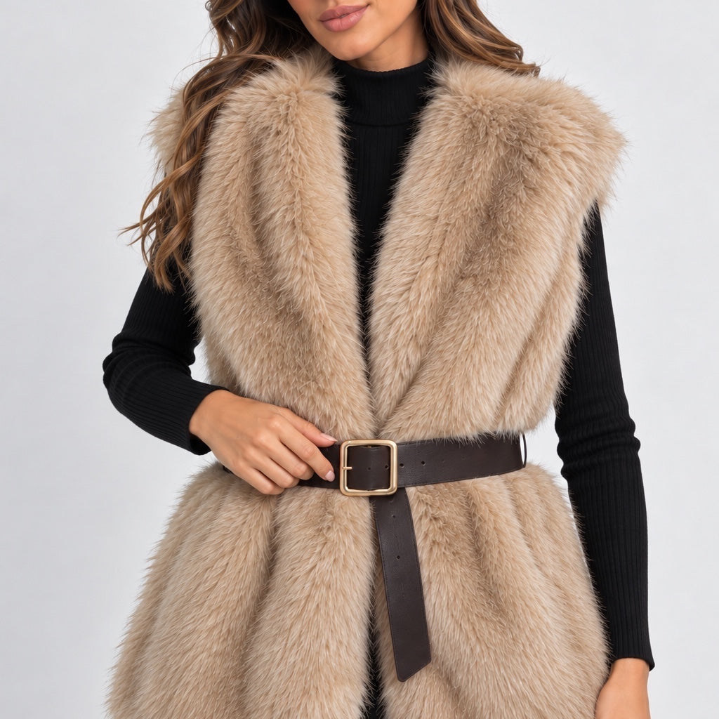 Gilet in pelliccia sintetica beige Follower SRL con cintura marrone in vita indossato su maglione nero