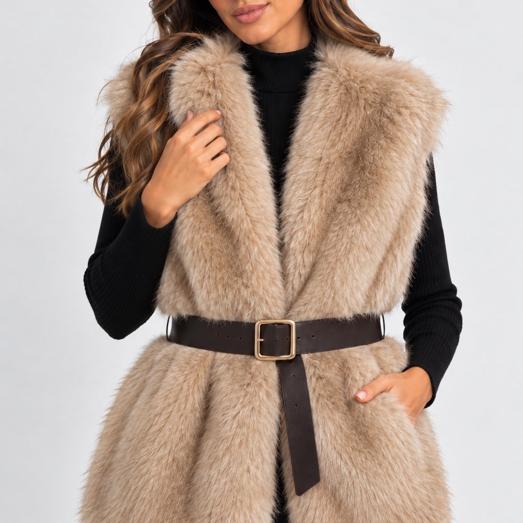 Gilet in pelliccia sintetica beige Follower SRL indossato con cintura marrone su maglione nero