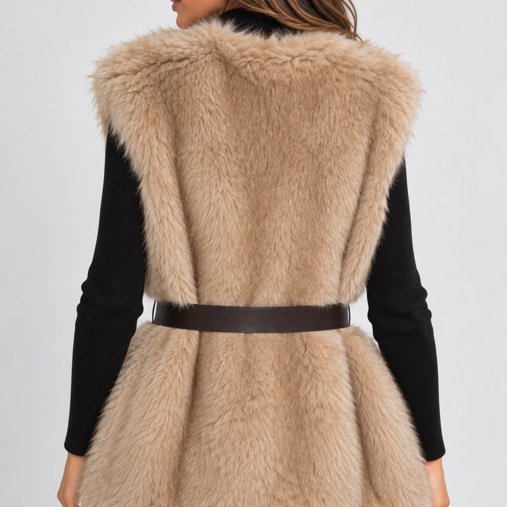 Gilet in pelliccia sintetica beige Follower SRL indossato da una modella, vista posteriore con cintura in vita