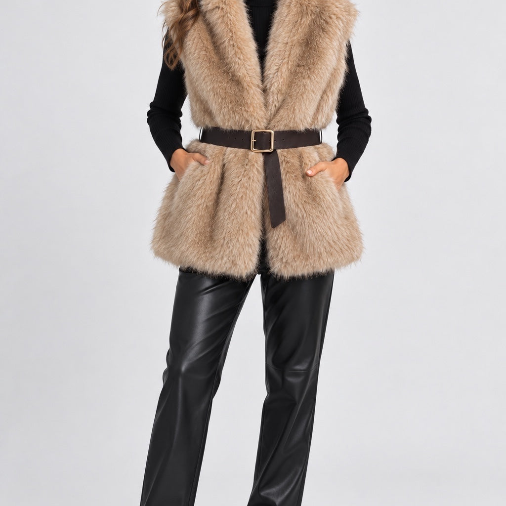 Modella indossa gilet in pelliccia sintetica beige Follower SRL con cintura marrone in vita su maglia nera
