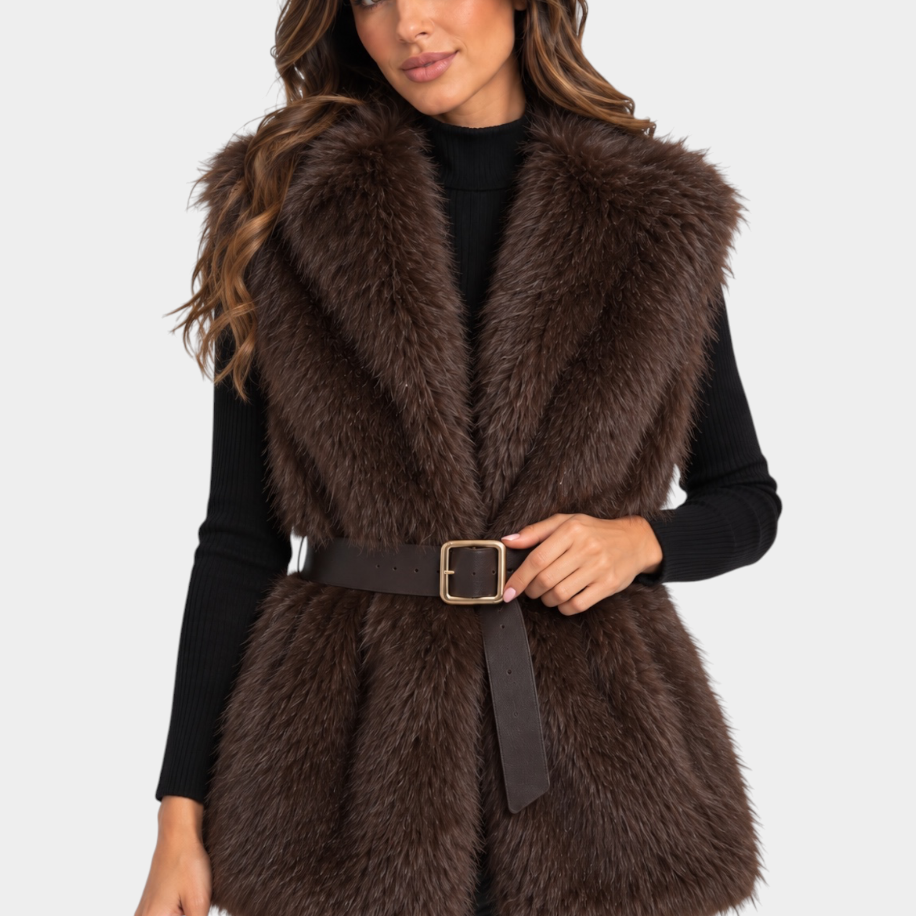 Modella indossa un gilet in pelliccia sintetica marrone Follower SRL con cintura in vita su maglia nera
