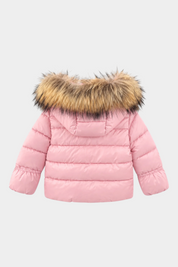Giubbino Amory Follower SRL unisex rosa trapuntato con cappuccio e bordo in pelliccia sintetica, vista posteriore