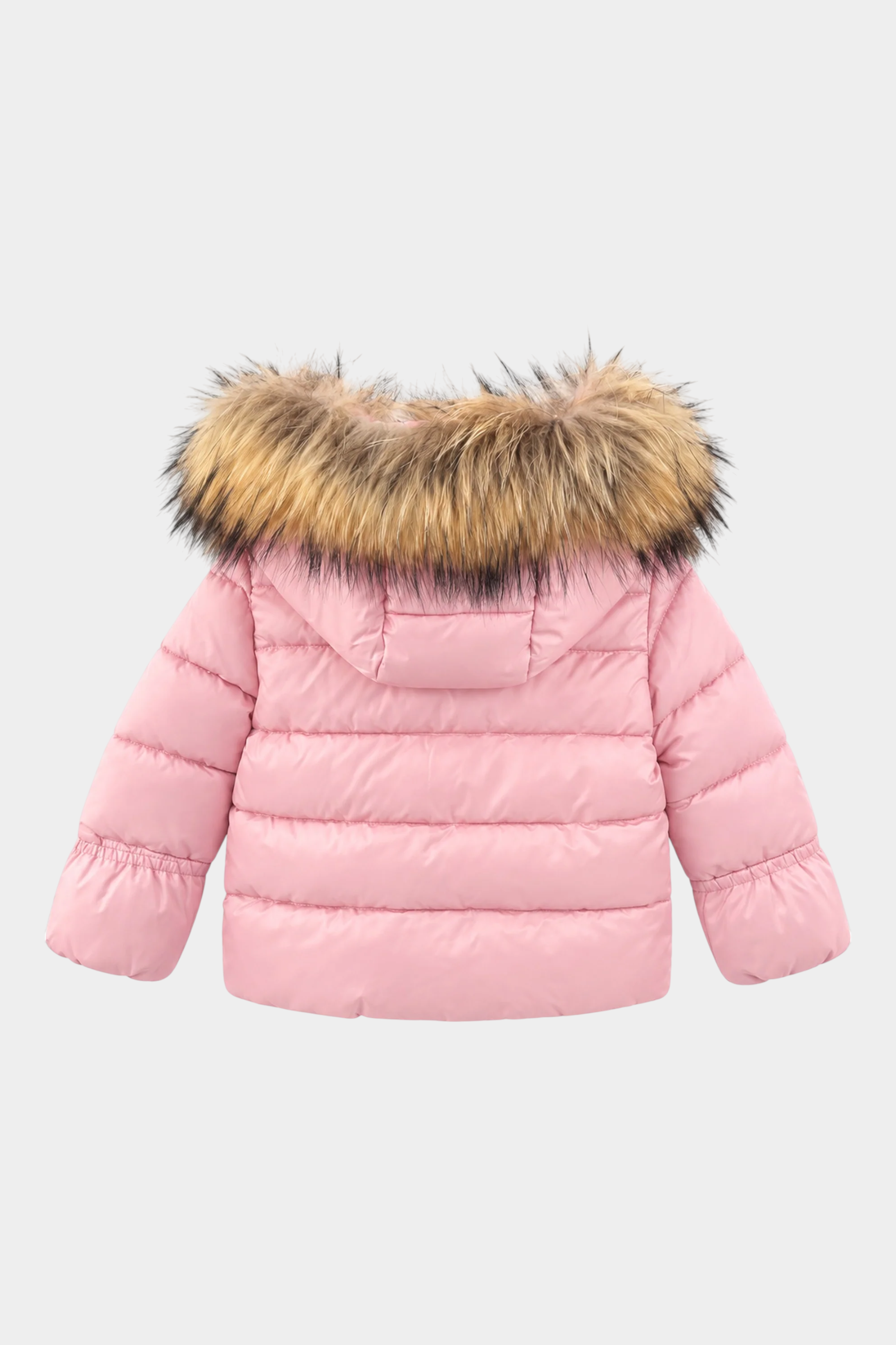 Giubbino Amory Follower SRL unisex rosa trapuntato con cappuccio e bordo in pelliccia sintetica, vista posteriore