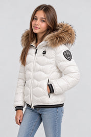 Giubbino Arion Follower SRL bianco da bambina con cappuccio in pelliccia sintetica e patch logo sulla manica