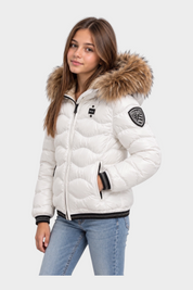 Giubbino Arion Follower SRL bianco da bambina con cappuccio in pelliccia sintetica e patch logo sulla manica