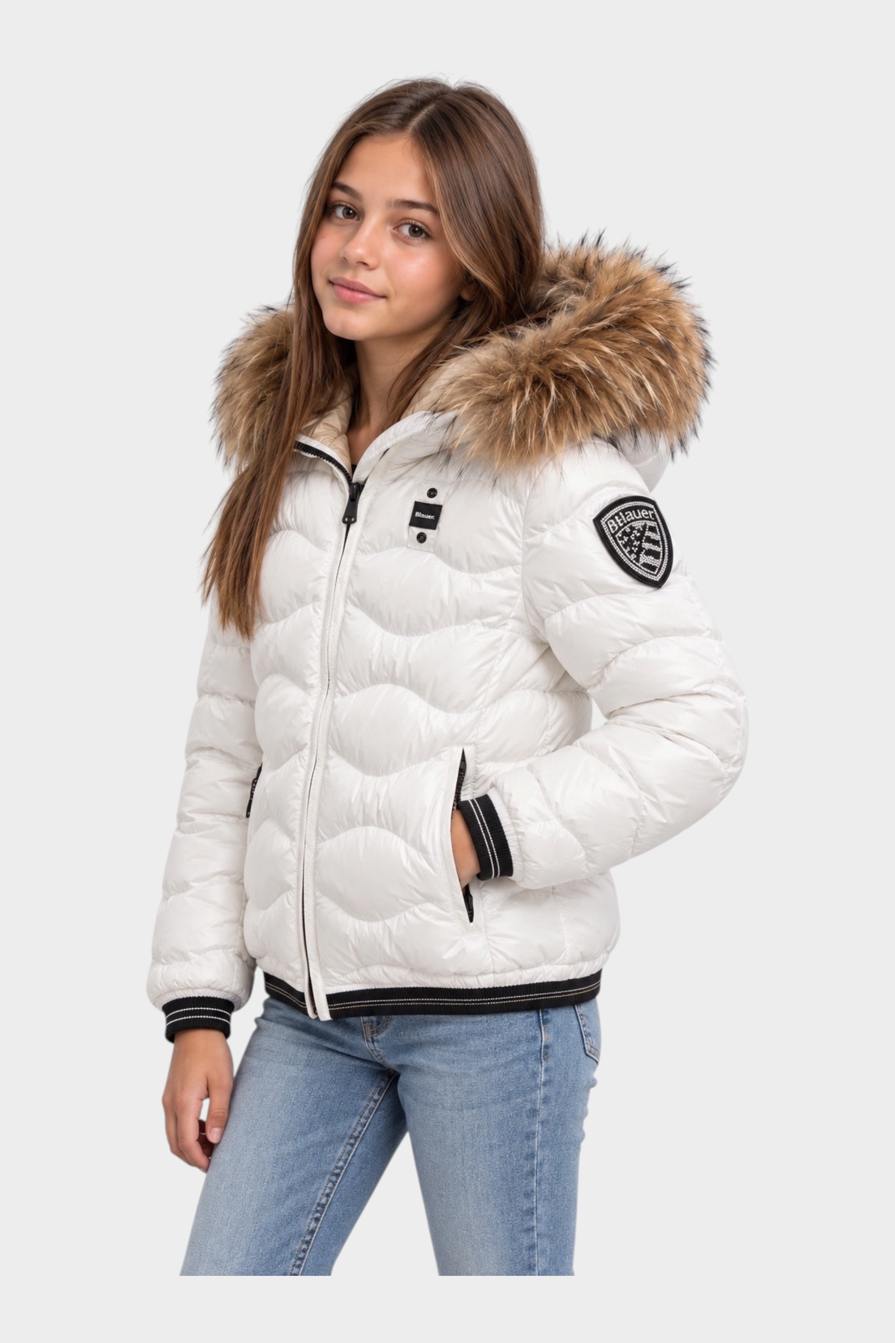 Giubbino Arion Follower SRL bianco da bambina con cappuccio in pelliccia sintetica e patch logo sulla manica