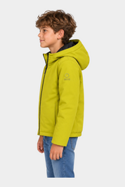 Giubbino unisex Follower SRL modello Austin giallo con cappuccio e zip nera indossato di profilo da un ragazzo