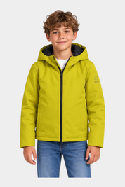 Giubbino Austin unisex giallo SUNS BOARDS di Follower SRL con cappuccio e zip frontale indossato da un ragazzo