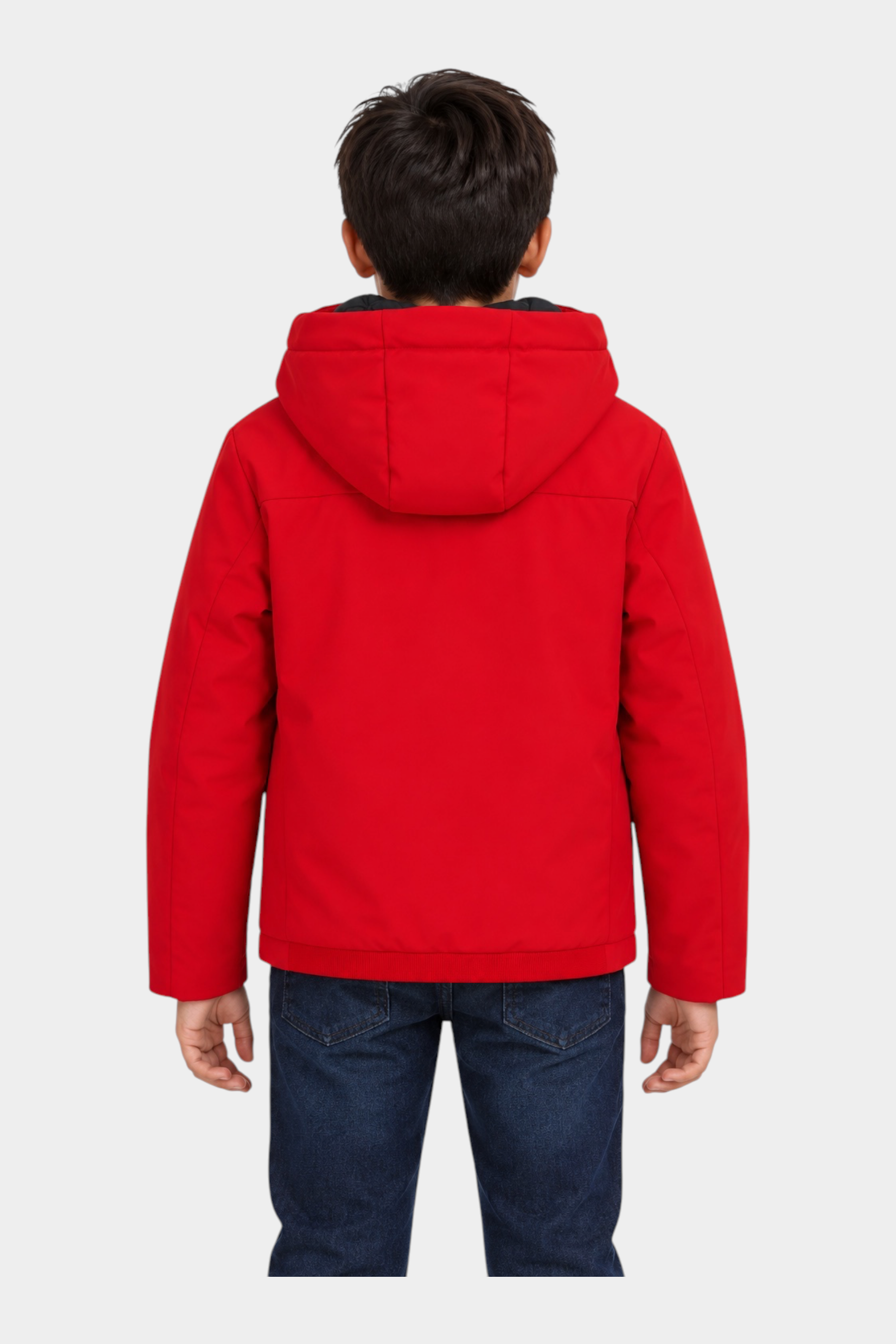 Vista posteriore di un bambino che indossa il giubbino unisex rosso Austin di Follower SRL con cappuccio