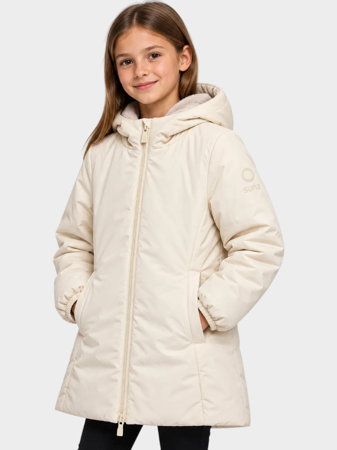 Giubbino lungo Follower SRL modello Aurelia color avorio con cappuccio e interno in velluto per bambina