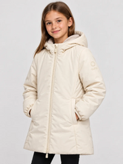 Giubbino lungo Follower SRL modello Aurelia color avorio con cappuccio e interno in velluto per bambina