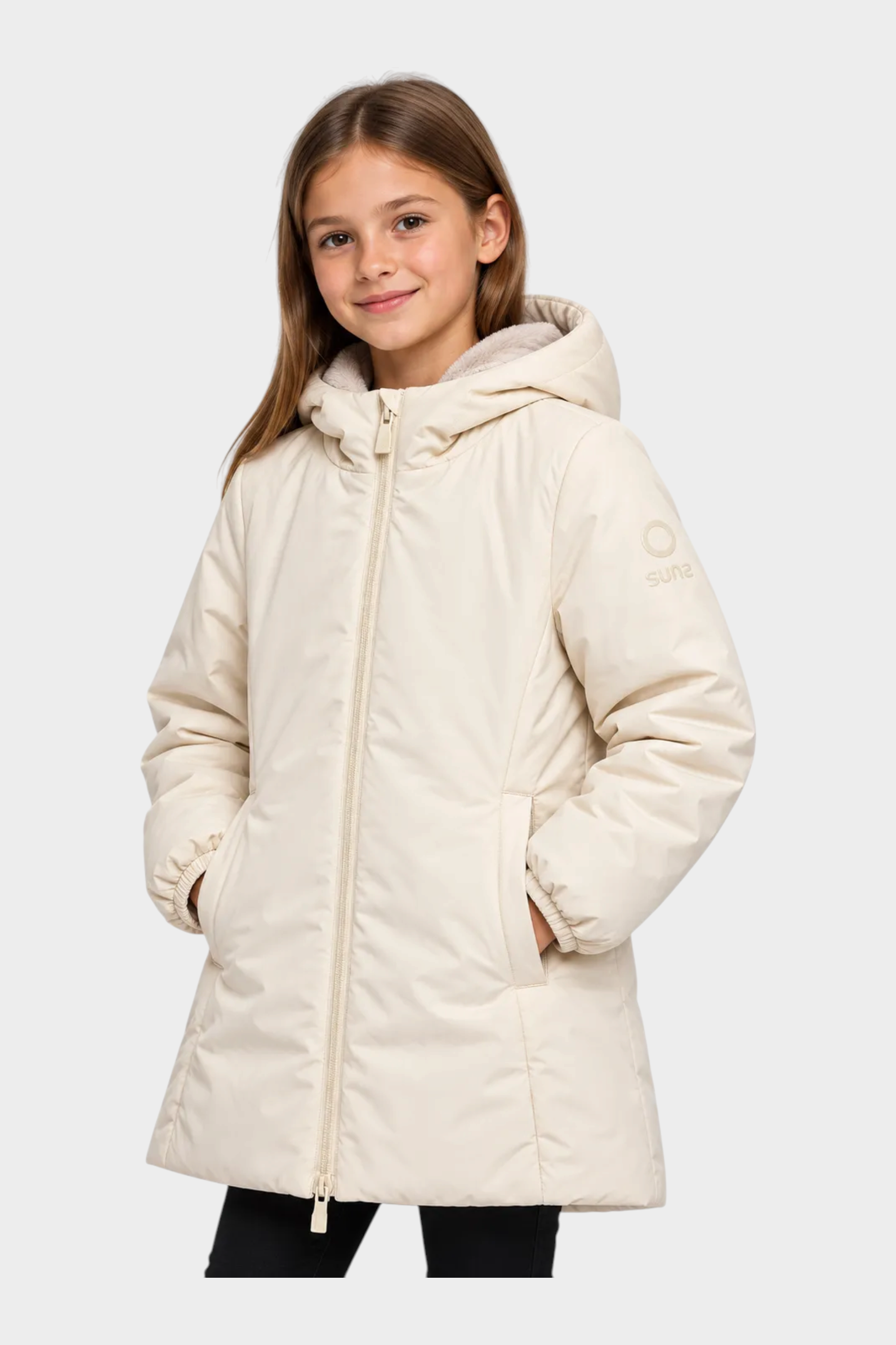 Giubbino lungo Follower SRL modello Aurelia color avorio con cappuccio e interno in velluto per bambina