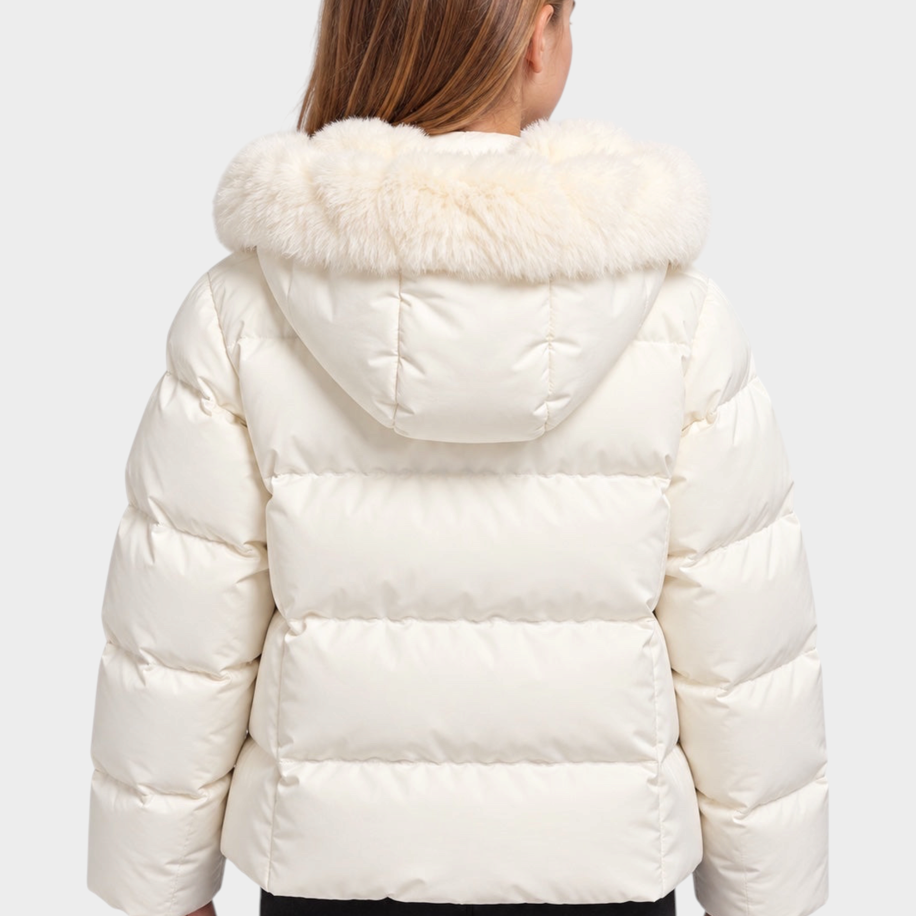 Giubbino Ginan Bambina Bianco SUNS BOARDS di Follower SRL, piumino bianco con cappuccio e bordo in pelliccia sintetica