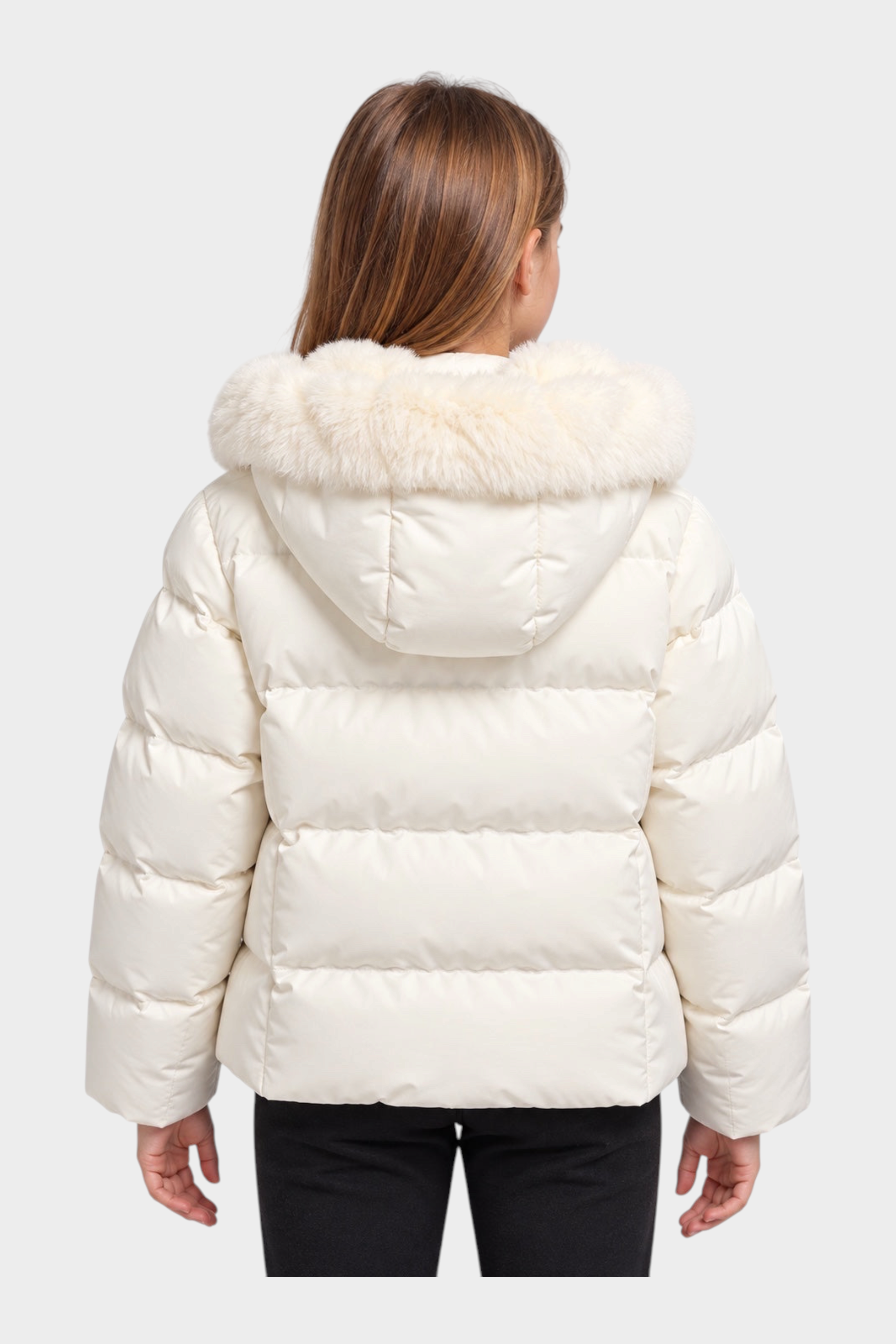 Giubbino Ginan Bambina Bianco SUNS BOARDS di Follower SRL, piumino bianco con cappuccio e bordo in pelliccia sintetica