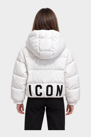 Giubbino Follower SRL bianco imbottito per bambina con cappuccio e scritta ICON nera sul retro
