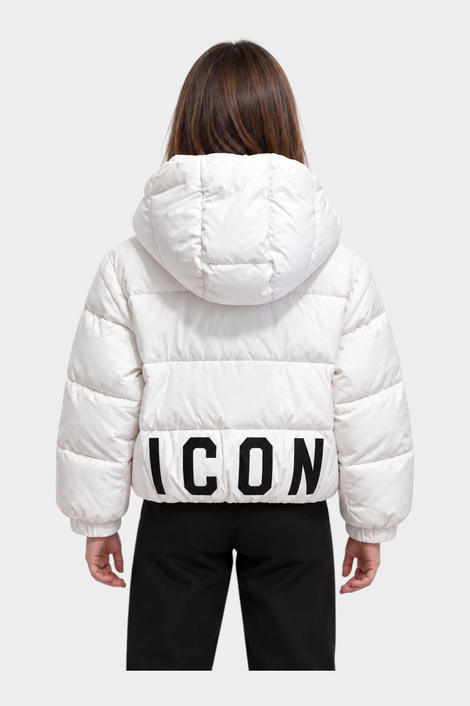 Giubbino Follower SRL bianco imbottito per bambina con cappuccio e scritta ICON nera sul retro