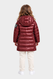 Giubbino lungo imbottito Follower SRL per bambina color marrone lucido con cappuccio e patch logo sulla manica