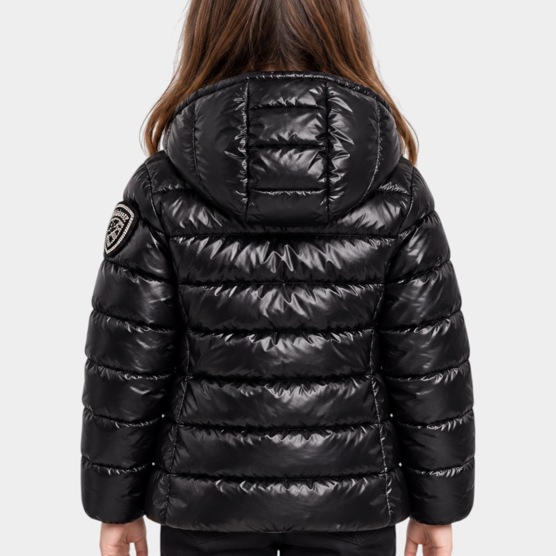 Giubbino invernale nero Blauer per bambina in nylon idrorepellente con cappuccio, vista posteriore Follower SRL
