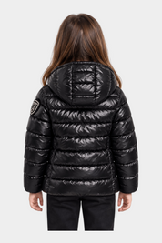 Giubbino invernale nero Blauer per bambina in nylon idrorepellente con cappuccio, vista posteriore Follower SRL
