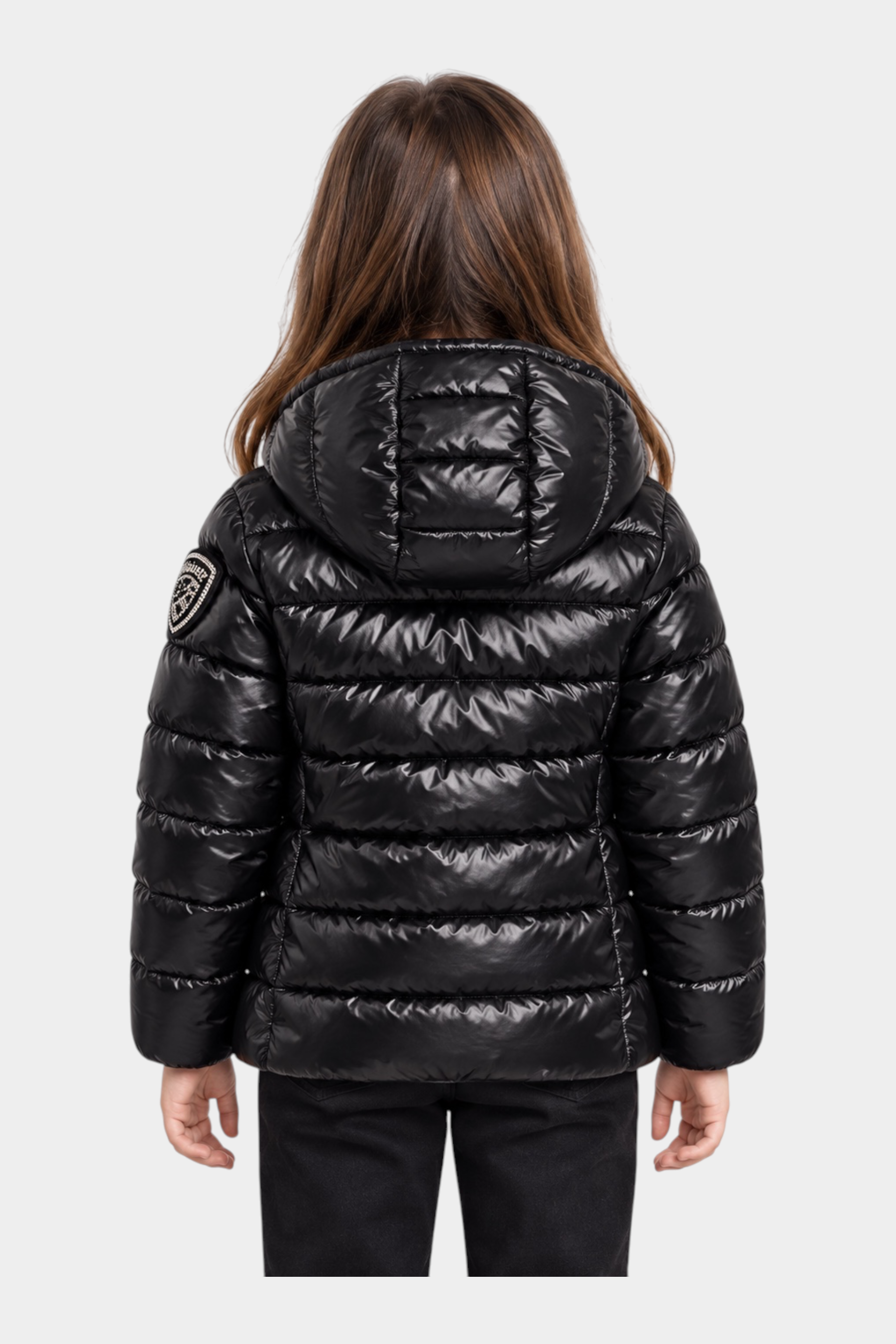 Giubbino invernale nero Blauer per bambina in nylon idrorepellente con cappuccio, vista posteriore Follower SRL
