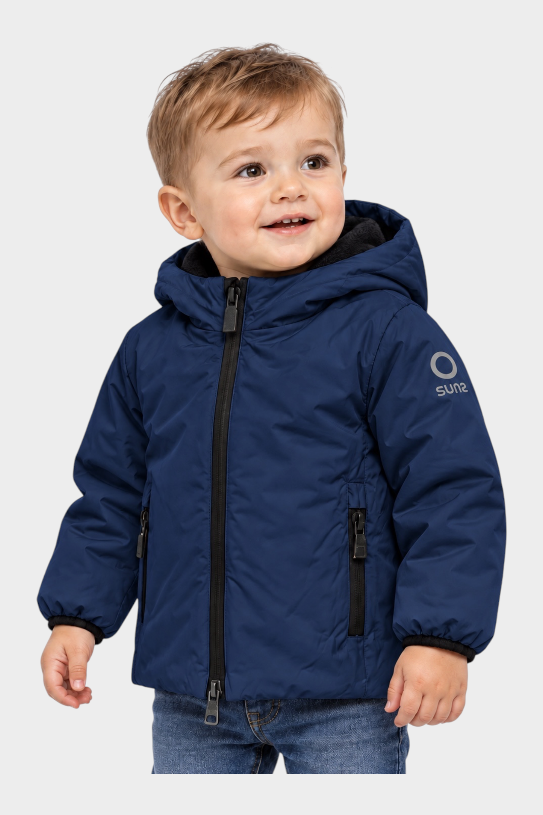 Bambino che indossa il giubbino blu Follower SRL Aurelia in velluto con cappuccio e zip nera