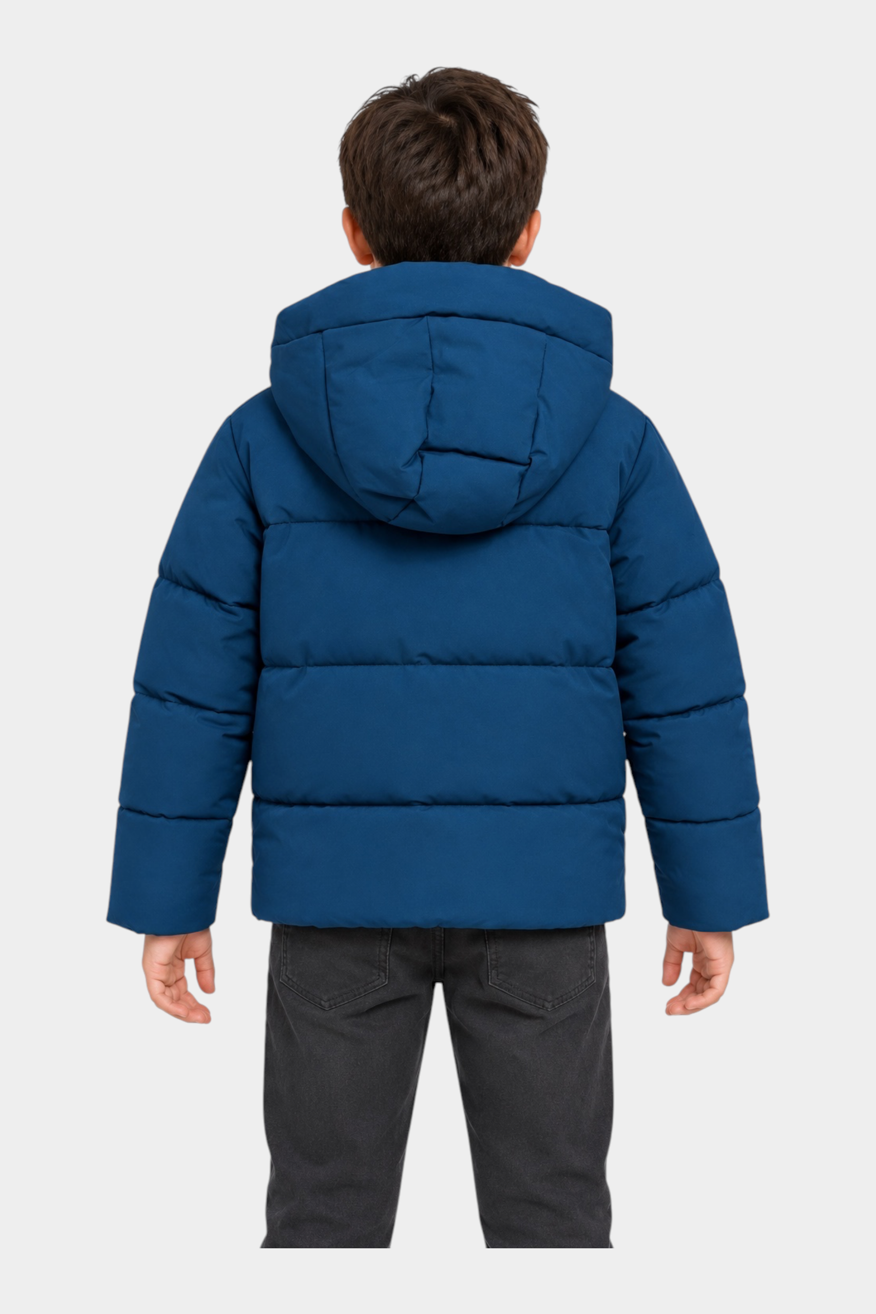 Giubbino imbottito blu con cappuccio per bambino di Follower SRL, vista posteriore su sfondo bianco