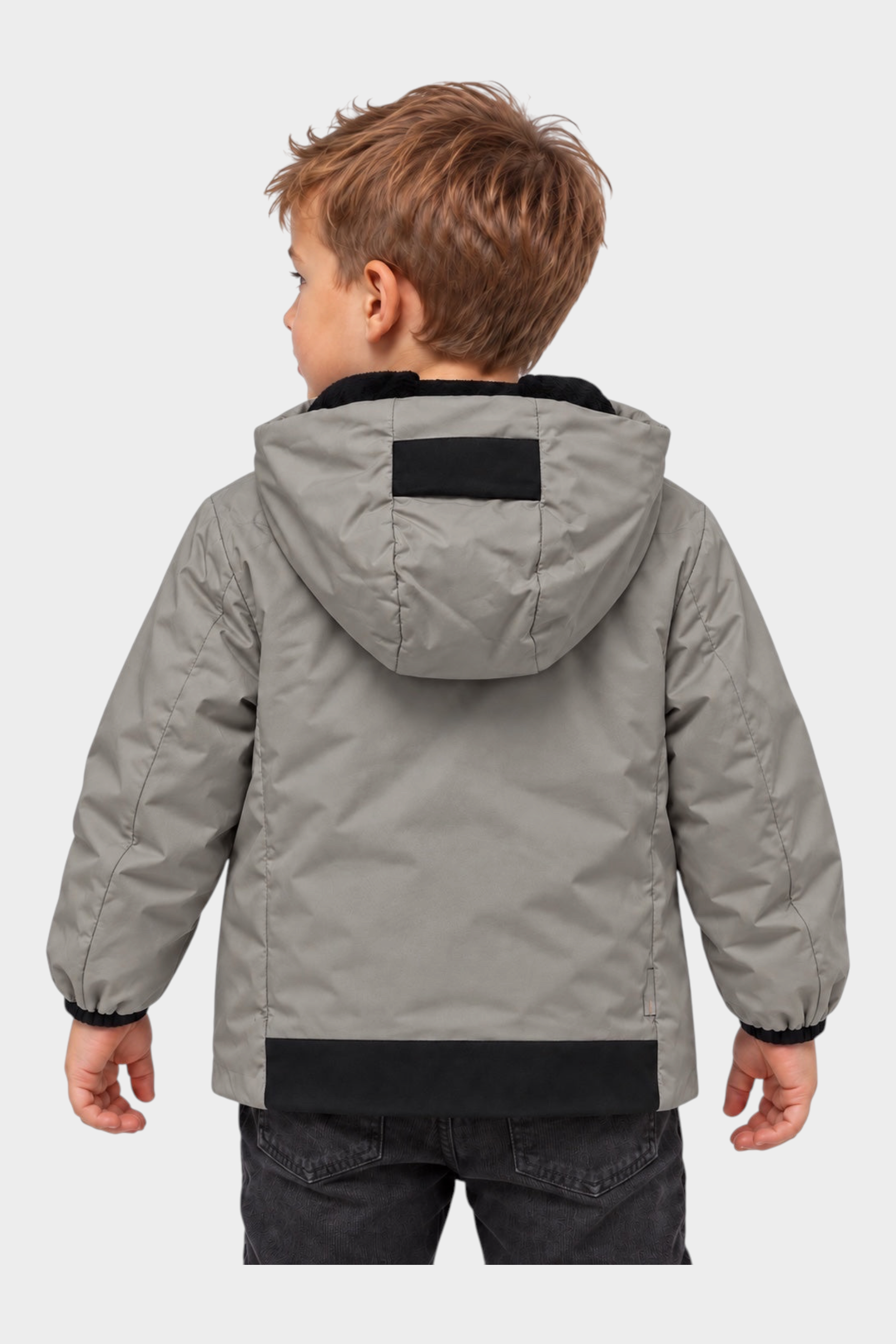 Giubbino Follower SRL Aurelia in velour grigio per bambino con cappuccio e dettagli neri a contrasto