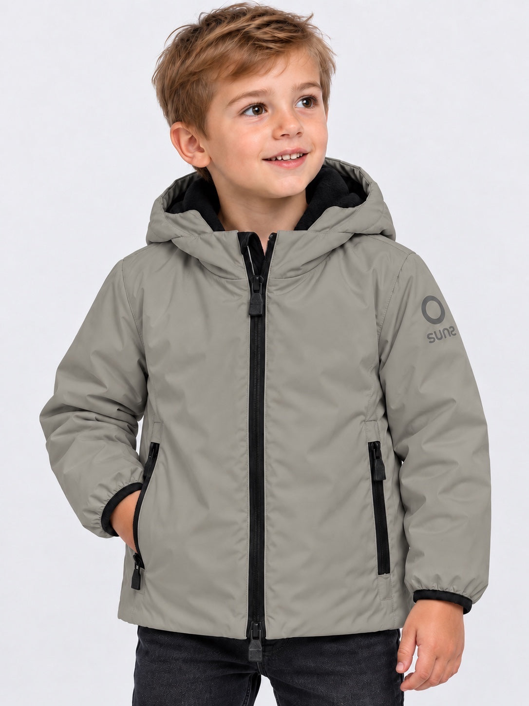 Giubbino Aurelia Follower SRL in velluto grigio per bambino con cappuccio e chiusura a zip