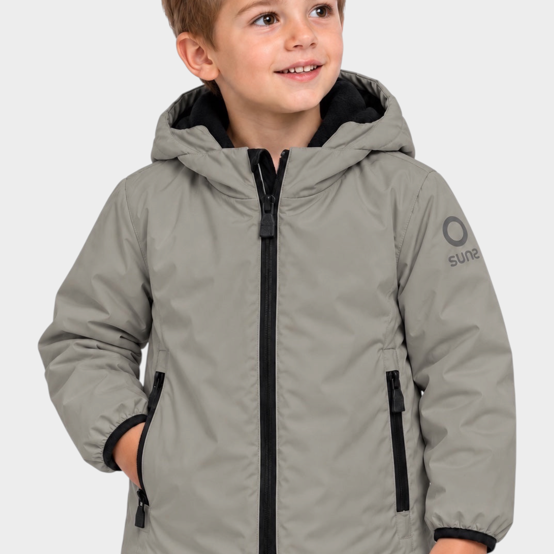 Giubbino Aurelia Follower SRL in velluto grigio per bambino con cappuccio e chiusura a zip