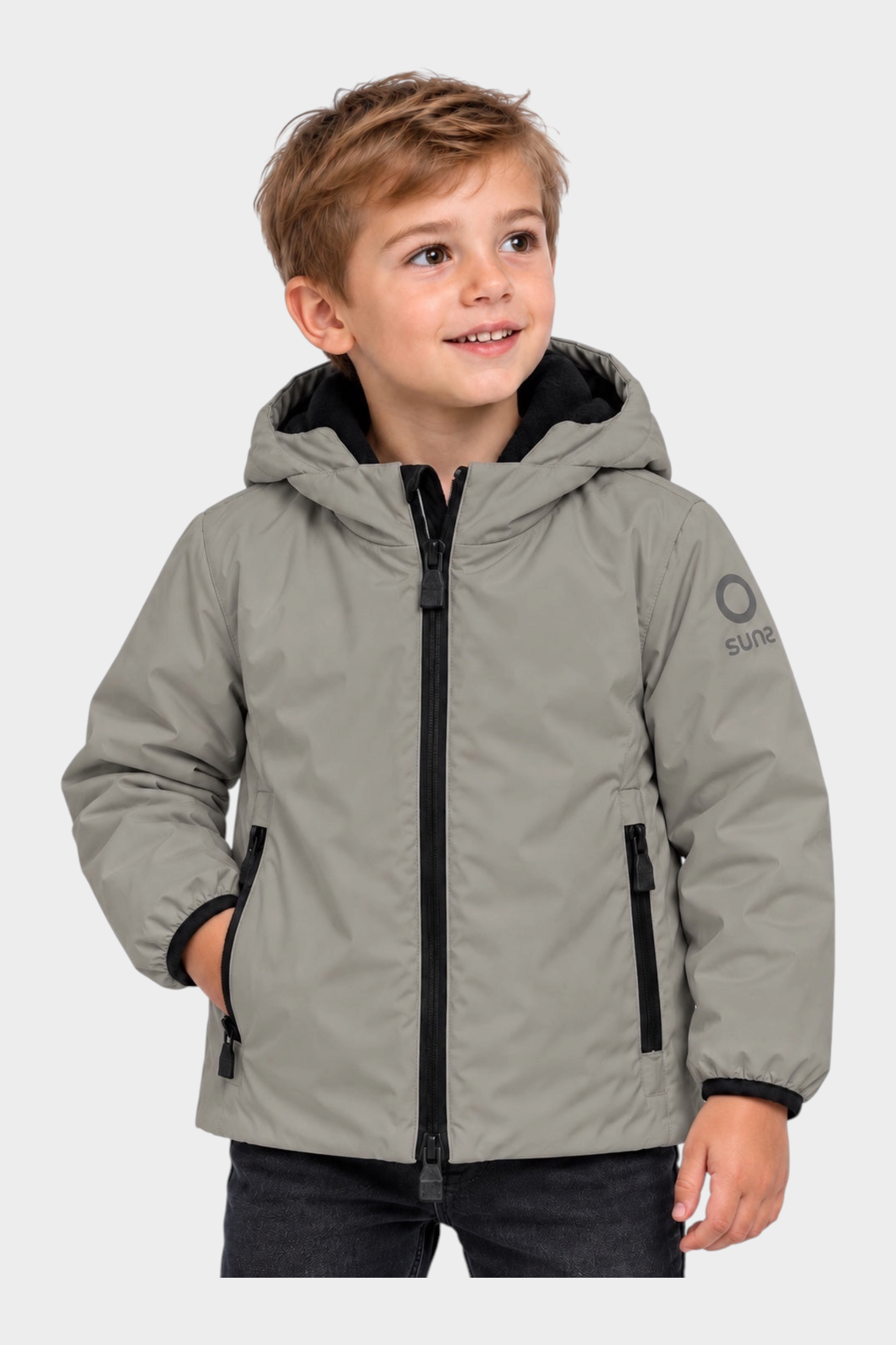 Giubbino Aurelia Follower SRL in velluto grigio per bambino con cappuccio e chiusura a zip