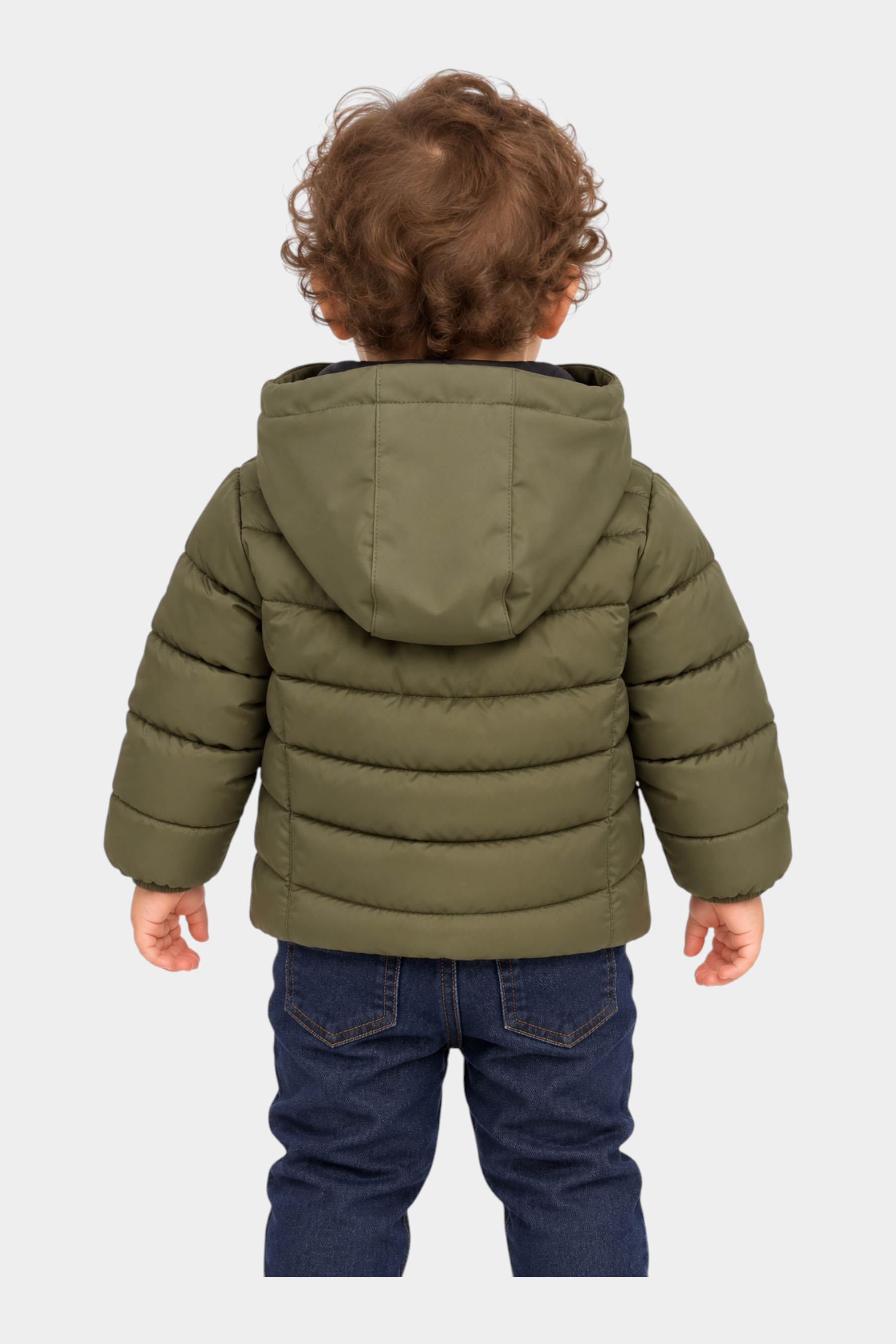 Bambino indossa giubbino trapuntato verde con cappuccio di Follower SRL, vista posteriore