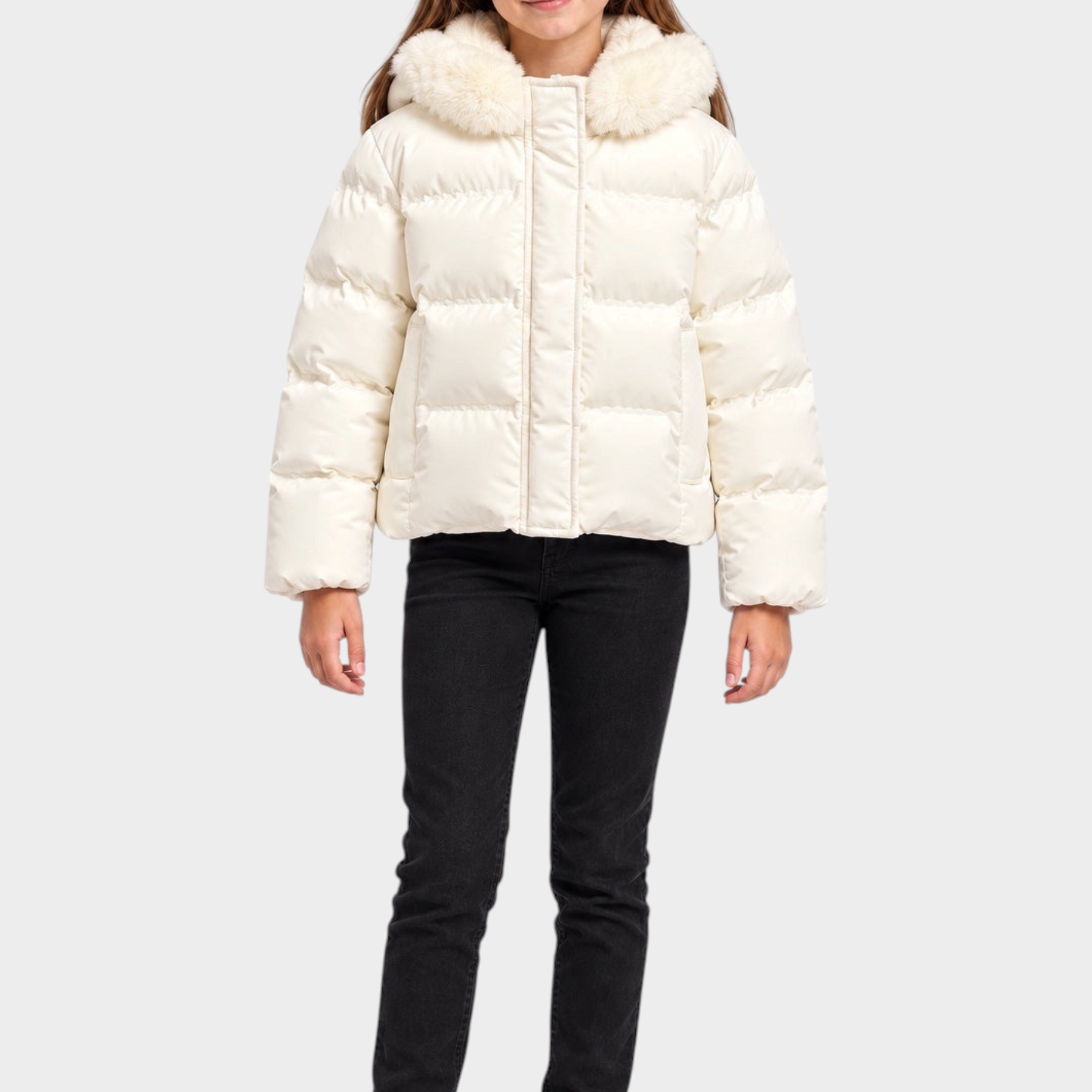 Bambina indossa giubbino bianco SUNS BOARDS con cappuccio in pelliccia sintetica, proposto da Follower SRL
