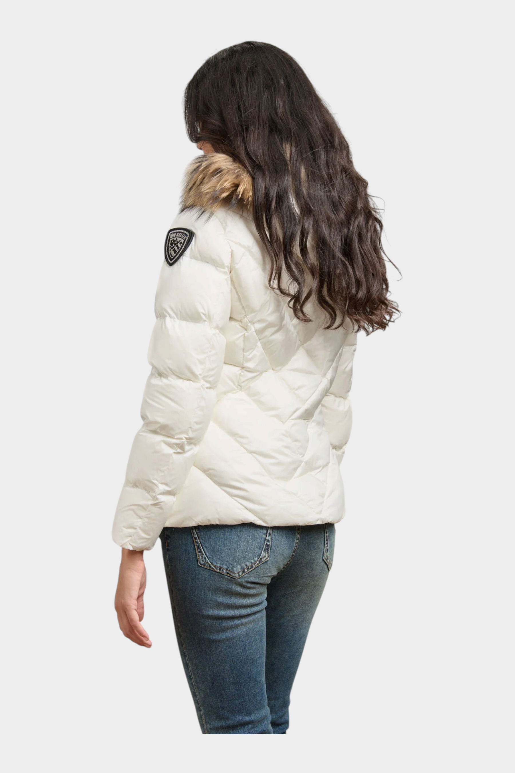 Giubbino bianco trapuntato Follower SRL con cappuccio in pelliccia e logo Blauer sulla manica, vista posteriore